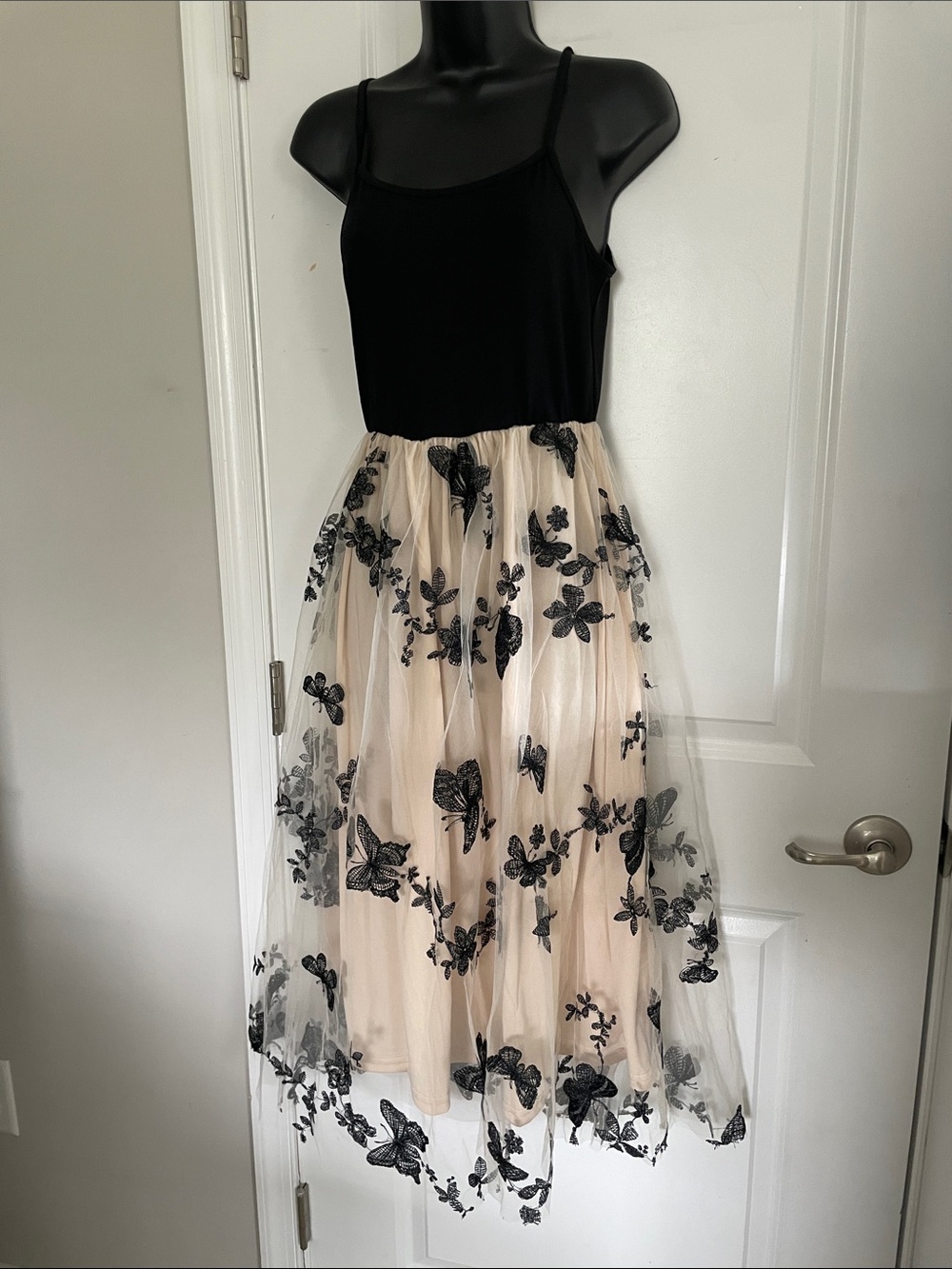 Black & Nude Floral Appliqué Tulle Midi Skirt